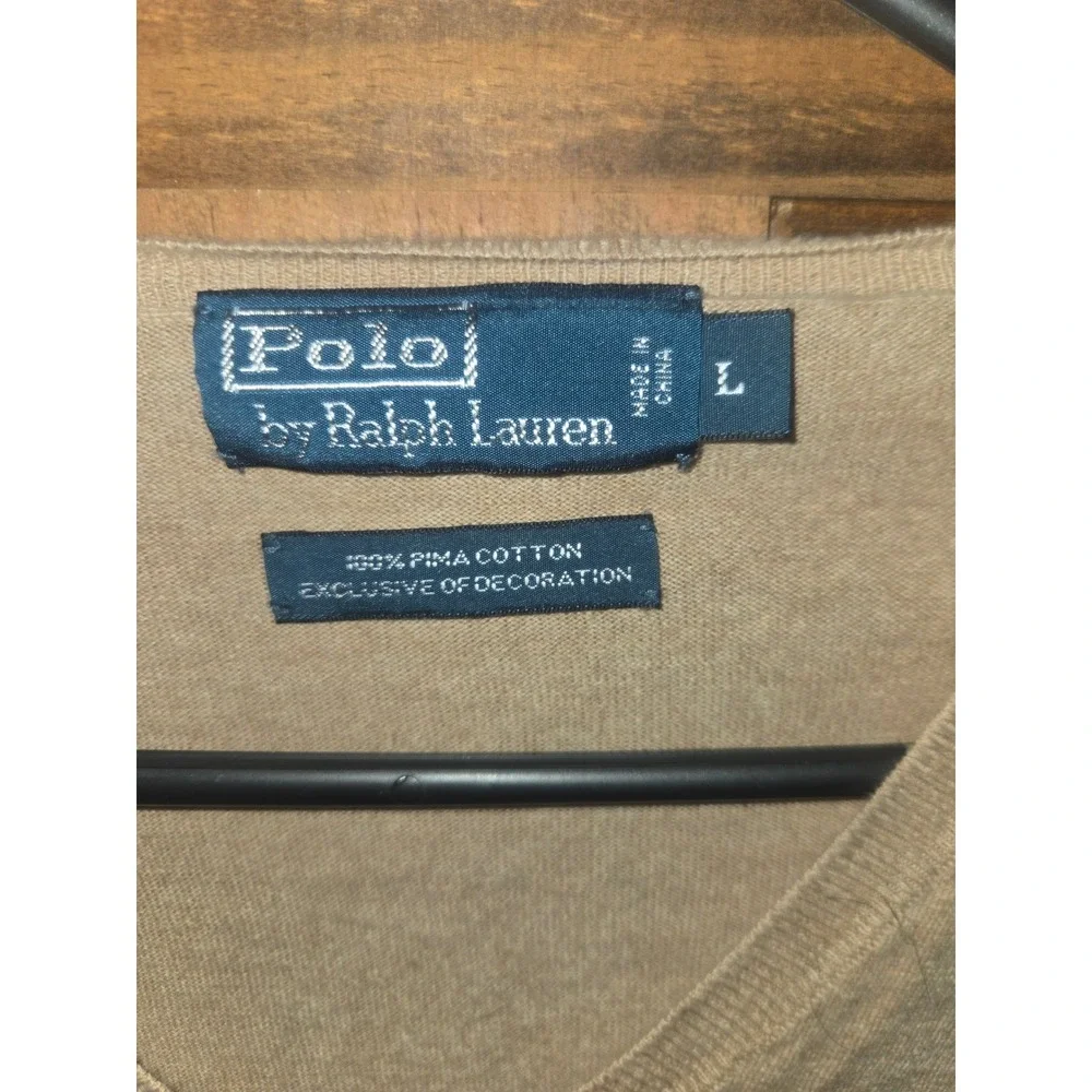 Polo Ralph Lauren Mens‎ Tan Pima Cotton V-Neck Sweater Beige Large Pony Logo